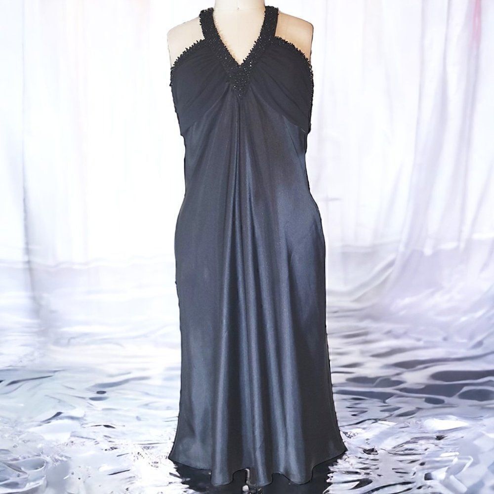 Nightway Black halter beaded satiny dress